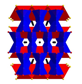 The collapsed tetragonal crystal structure of , with arsenic (As) atoms in a 5-fold coordination, courtesy of Alexander Goncharov. 