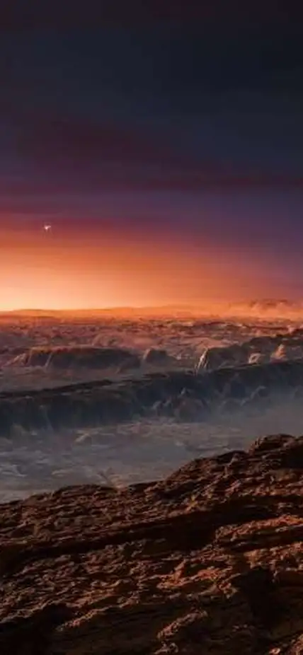 Artist's impression of the surface of the exoplanet Proxima b orbiting the red dwarf star Proxima Centauri, the closest star to our Solar System. Credit: ESO/M. Kornmesser