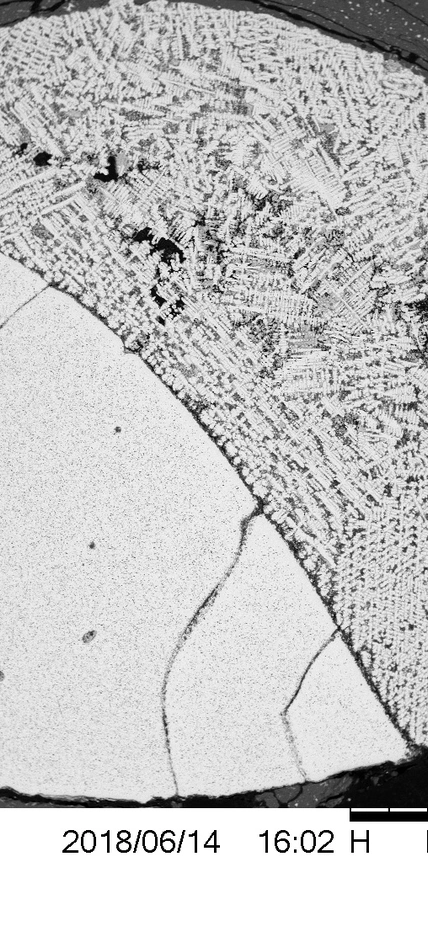 A back-scattered electron image showing one of the products of Chabot’s lab at APL mimicry of the core crystallization process. Liquid metal is on the right and solid metal is on the left. Image is courtesy of Nancy Chabot and Peng Ni.