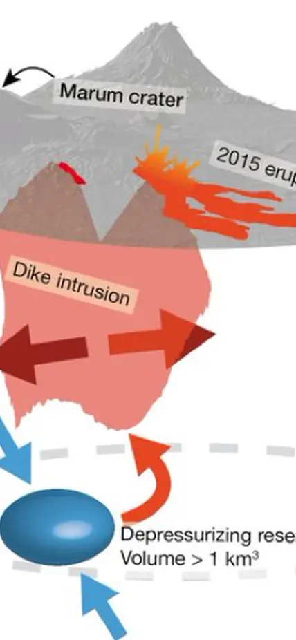 Summary graphic from Tara Shreve's recent publication which shows InSAR measured co-eruptive deformation associated with a dike intrusion, caldera ring-fault slip, and reservoir deflation.
