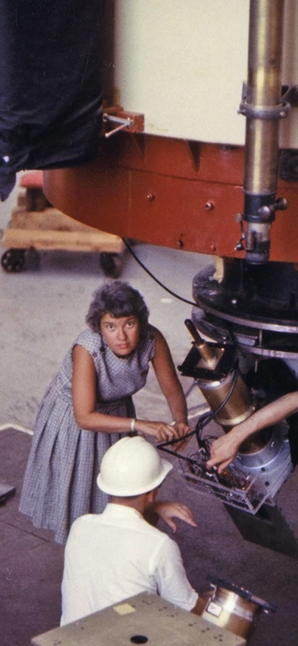 Vera Rubin at Lowell Observatory with Kent Ford in white helmet.
