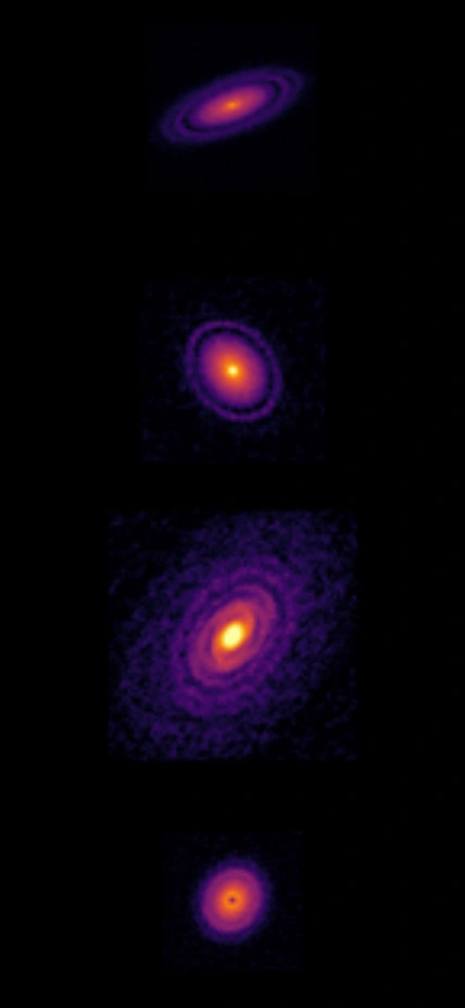 Images of circumstellar disks obtained with the Atacama Large Millimeter Array (ALMA) radio telescope.  Credit: ALMA, ESO/NAOJ/NRAO.