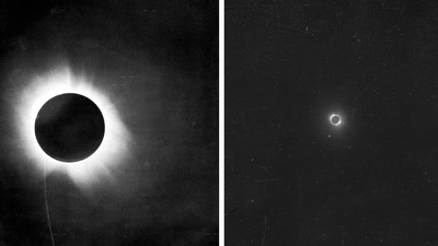 The total solar eclipse of May 29, 1919 as photographed by English astronomer Arthur Eddington at the African island of Principe (left) and by DTM's Louis Bauer and H.F. Johnston at Cape Palmas, Liberia (right). 