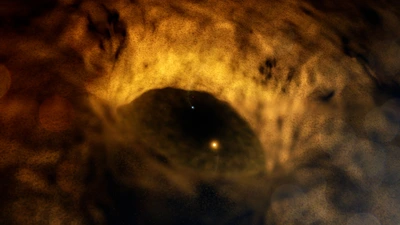 Two stars orbit each other within an enormous dusty disk in the U Monocerotis system, illustrated here. When the stars are farthest from each other, they funnel material from the disk’s inner edge. At this time, the primary star is slightly obscured by the disk from our perspective. The primary star, a yellow supergiant, expands and contracts. The smaller secondary star is thought to maintain its own disk of material, which likely powers an outflow of gas that emits X-rays.