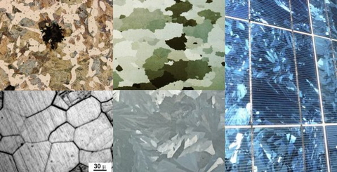 Polycrystalline structures composed of crystallites. Clockwise from top left: a) malleable iron b) electrical steel without coating c) solar cells made of multicrystalline silicon d) galvanized surface of zinc e) micrograph of acid etched metal highlighting grain boundaries