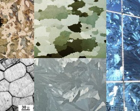Polycrystalline structures composed of crystallites. Clockwise from top left: a) malleable iron b) electrical steel without coating c) solar cells made of multicrystalline silicon d) galvanized surface of zinc e) micrograph of acid etched metal highlighting grain boundaries
