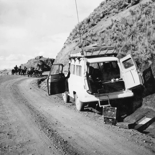 A truck with seismic equipment deployed for explosion studies in Peru.