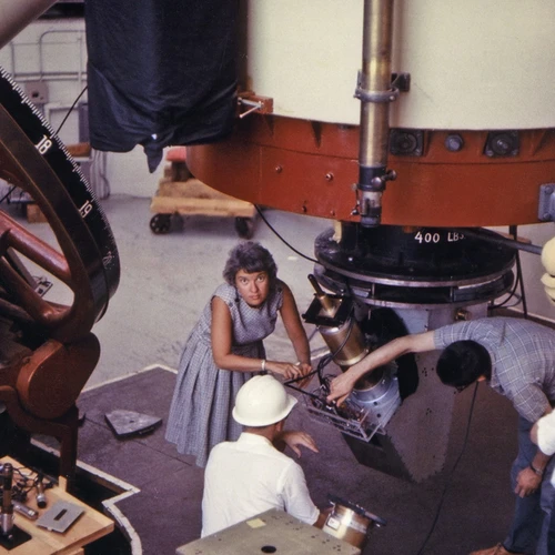 Vera Rubin at Lowell Observatory with Kent Ford in white helmet.