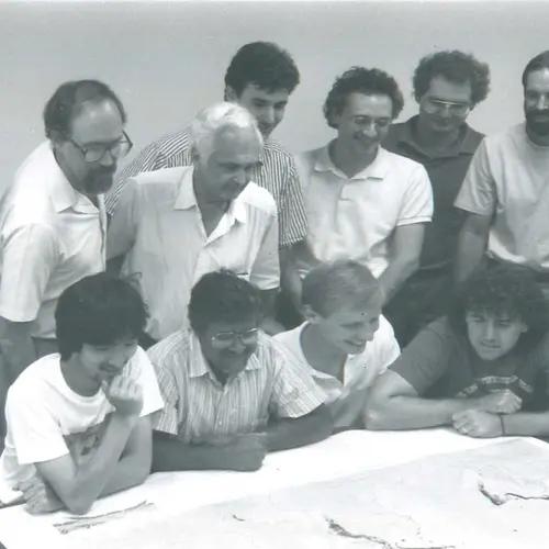 The seismology group in 1990. Back row left to right: Fred Pollitz, Paul Silver, Selwyn Sacks, Gotz Bokelmann, Michael Acierno, Craig Bina, David James, Alan Linde. Front row left to right: Satoshi Kaneshima, Randy Kuehnel, and Chris Kincaid. Courtesy of Carnegie Institution for Science. 